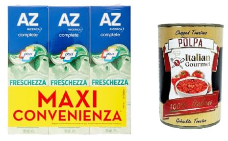 AZ Dentifricio Complete Plus Freschezza Delicata Menta Leggera Complete Plus Zahnpasta Zarte Frische Leichte Minze 3x65 ml+ Italian Gourmet polpa 400g