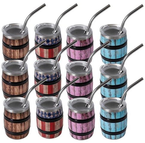 ZREGGUR 3 oz Mini Tumbler Shot Glass with Straw and Lid & Brush ，12 Pcs Shot Glasses Tumblers Stainless Steel Mini Shot Glasses with Lids and brush for Wedding Party Whiskey Cocktail Bar,4 colored