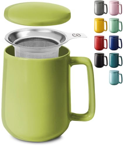 Cosumy Tea Cup with Infuser and Lid - 500ml Large - Ceramic Mug - Long Warmth - Scratch Resistant - Dishwasher Safe (Matcha Green)
