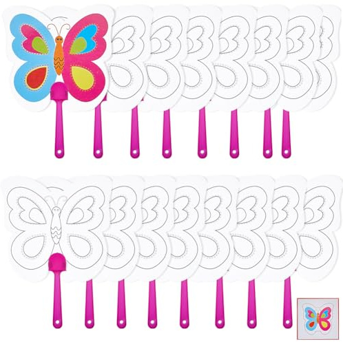 GORGECRAFT 16Pcs White Paper Hand Held Fan Butterfly Animal Spring Summer Pattern One Side Blank Handheld Fans with Plastic Handle for Church Wedding Parties DIY Painting Fans Crafts