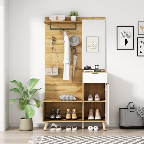 Jaxenor Garderobe Set Flurgarderobe Modern, 190cm Flurgarderoben Set Mit Spiegel, Schuhbank, Schuhschrank, Schublade, Regal Und Kleiderhaken, Kompaktgarderobe(Eichenfarbe)