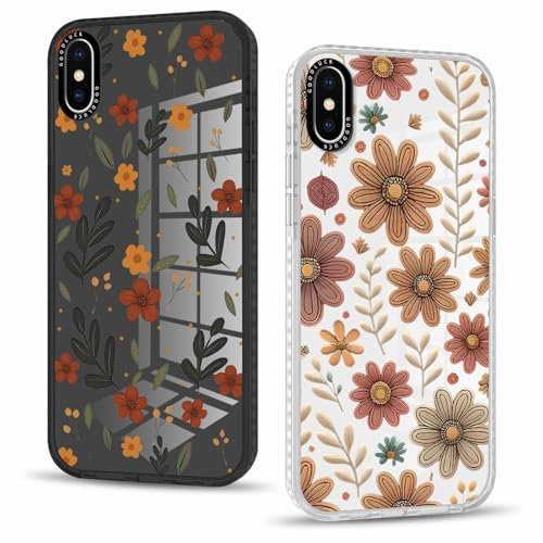 Phoona 2 Pièces Coque pour iPhone X 5,8'', Étui Souple TPU Aesthetic Fleur Motif Dessin Durable Fine Transparente Silicone Housse de Antichoc Anti-Rayures Camera Protection Cover pour Fille, 10