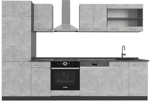 Vicco Küchenzeile R-Line, Küchenblock, Beton/Anthrazit, 300 cm, AP Anthrazit
