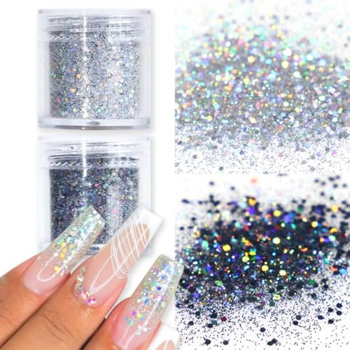 GZMAYUEN Holographic Chunky Glitter, 10g Silber Farben Glitzerpulver 10g Laser Schwarz Chunky Pailletten Glitter für Nagel, Körper, Kunsthandwerk, Make-Up