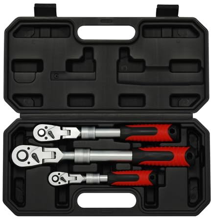 MIXPOWER 3-Piece Extendable Flex-Head Ratchet Wrench Set, 1/4 & 3/8 & 1/2-Inch Drive, 72-Tooth, CR-V Steel