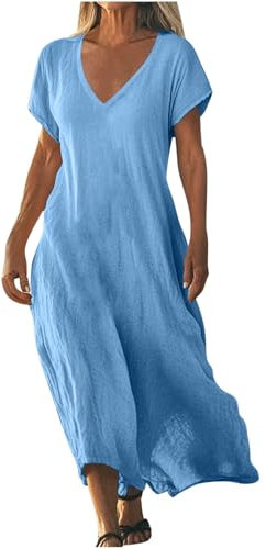 Robe Longue Femme D'éTé à Col en V Maxi Robe De Plage Ample Swing Robes en Coton Lin Manches Courtes Robes DéContractéE Couleur Unie BohèMe Dress Grande Taille Dress pour FêTer Vacances à La Plage