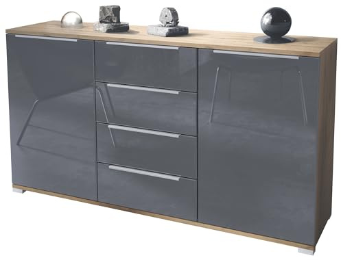 Vladon Sideboard Linio V1, Anrichte mit 2 Türen und 4 Schubladen, Eiche Evoke/Grau Hochglanz (138,5 x 75,5 x 35 cm)