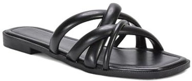 ESSEX GLAM Women's Strappy Flat Sandal Ladies Comfy Holiday Casual Open Toe Synthetic Leather Mule Slider Size 3-8