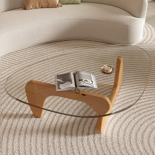 Table basse moderne en verre - Table d'appoint triangulaire avec pieds en bois - Montage facile - Décoration de salon (bois + transparent, 82 × 57 × 40 cm)