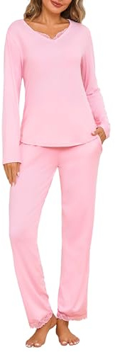 Jahetuul Ensemble Pyjama Femme Dentelle Coton Col V Pyjama Long Doux | Pyjama femme en coton doux avec finition dentelle élégante, col en V et pantalon long fluide pour des nuits confortables.