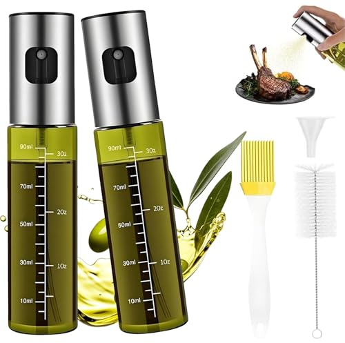 Ölsprüher für Kochen,2 Stuck UV-Schutz Glas Öl Sprühflasche,100% BPA frei Ölsprüher für Speiseöl,Küche Ölsprühflasche für Heißluftfritteuse,Oil Sprayer mit Skala & Trichter, Ölspray für Essig & ÖI
