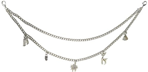 Charivari Hosenkette 30,5 cm – Silberfarbener Oktoberfest Schmuck 5 Anhängern (Edelweiß, Lederhose, Hirsch u.a.) – Trachtenschmuck Damen & Herren, eleganter Dirndl Schmuck / Dirndl Accessoires Damen