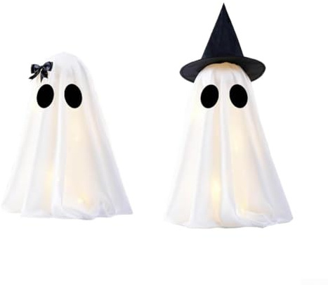 2 Stück Halloween Specter Dekorationen mit batteriebetriebenen Lichtern, Figuren mit Hexenhut und Schleife, entworfen für gruselige Atmosphäre im Innenbereich