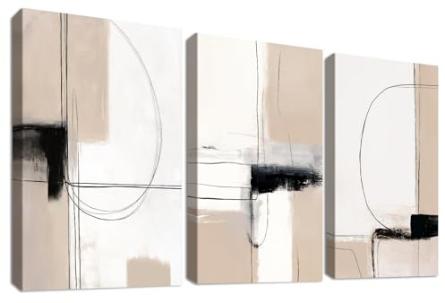 3Pcs Leinwand Bilder Set Mit Rahmen Poster Geometrische Linien Abstrakt Bild auf Leinwand Malerei Khaki Beige Schwarz Minimalistisch Wandbilder Wohnzimmer Schlafzimmer Esszimmer Wanddeko 40x60cm x3pcs