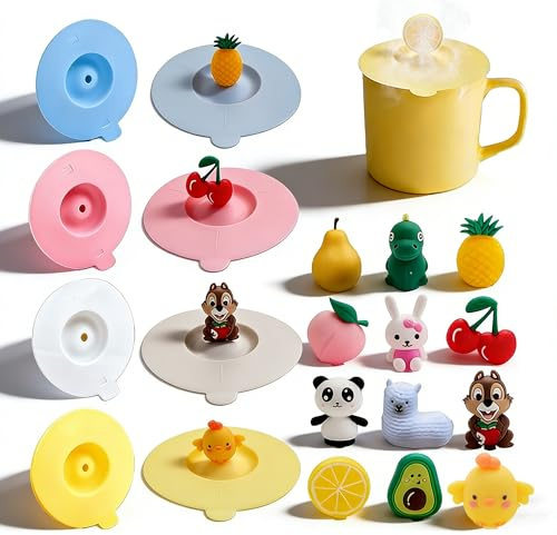 OTTOOPPXIN 12 Couvercle Silicone Alimentaire, 10 cm, Motif dessin Animé Mignon Capote de Verre, Couvercles en Silicone, Anti-fuite Capuchon en Silicone pour Café, Chope à bière et Verre à Vin,BPA Free