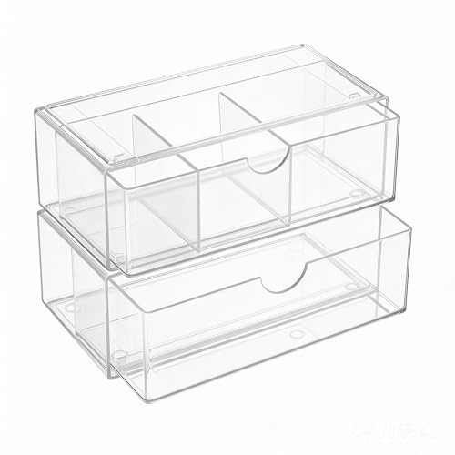 Unbr 2-Tier Small Storage Drawers, 10cm Narrow Clear Acrylic Organiser for Table & Desktop, Stackable Bathroom Storage Box for Lipstick, Brushes and Hair Accessories (1 Drawer)