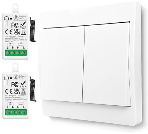Jeu d'interrupteurs lumineux 230V, Interrupteur sans fil sans batterie, MINI Interrupteur mural étanche sans fil, Portée jusqu'à 150m, Interrupteur sans fil pour luminaires 110-250V 10A 1200W