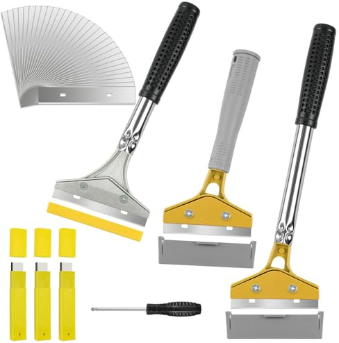 ANOMM 3PCS Rasqueta Vitroceramica con 30 Accesorios, Oro + Plata | Asa Larga Raspador y Rascavidrios, Rascador Vidrio y vitrocerámica, para la eliminación de Pegamento, Pintura, Calcomanías
