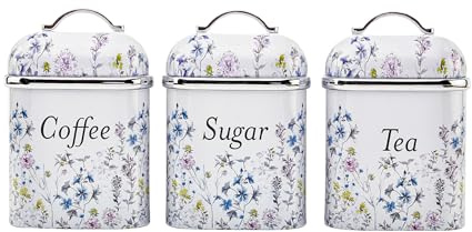 Laura Ashley Wild Meadow Tea Coffee Sugar Canisters - Kitchen Storage Jars | Food Grade Metal Tea Coffee and Sugar Canisters Set of 3, Airtight Lids, Rust Resistant, Easy to Clean, Freshness Sealed