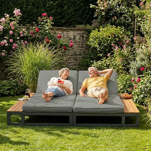 UATARU Outdoor Daybed, Waterproof Patio Sun Lounger Double Lounge Sofa Bed with Shelves, Adjustable Backrest Angle (Beige)