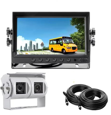 Voiture Vue Arrière Caméra Caméra Recul À Double Objectif avec Moniteur Recul 7 Pouces Kit Recul pour Camping-Car Camping-Car Camion Et Bus(Cam2-15m-15m)