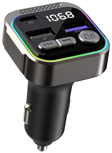 Car FM Transmitter Bluetooth 5.3 Adapter, Wireless Radio Transmitter, PD 30W QC3.0 18W Fast Charging, Hands-Free, Bass Boost, LED Display, USB Flash Play, All Metal, 12V/24V