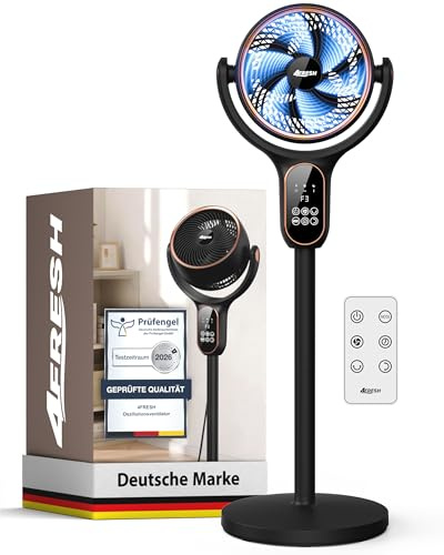 4FRESH Luftzirkulator Standventilator, 70° horizontal und 90° vertikal oszillierend, max. 6,6 m/s, 6 Windstufen, 3 Modi, 12h Timer, Fernbedienung inkl. Knopfzelle, 2,2 m Netzkabel, Schwarz