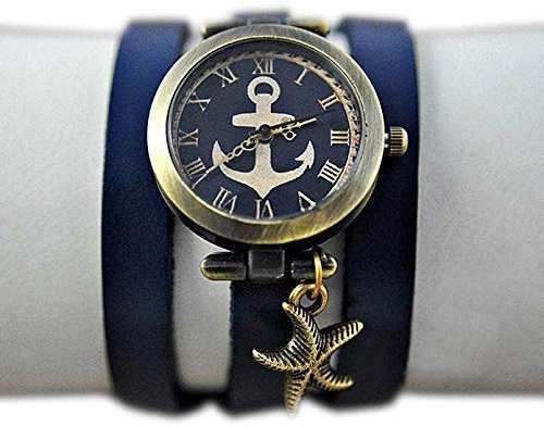 Maritime Armbanduhr mit Wickelarmband aus Leder und Seestern-Anhänger - Geschenk für Sie - Schmuck-Geschenk - Handmade Geschenk