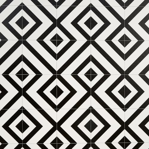 Geometric Black and White Cushioned Vinyl Flooring Sheet Lino Tile Effect Anti Slip Bathroom Kitchen Flooring 2m & 3m Width (Cairo, Sample)