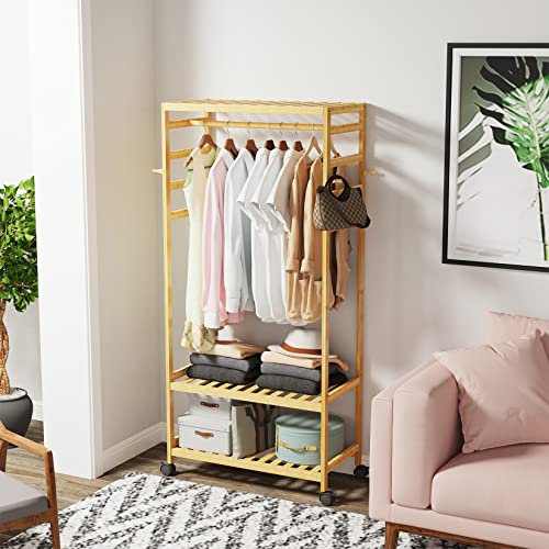 unho Rolling Clothes Rack: Bamboo Open Wardrobe Coat and Shoe Rack with 1 Bar and 4 Hooks Ideal for Home, Living Room, Bedroom, Entrance – 78 x 41 x 169 cm