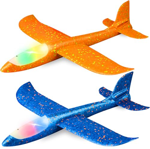 2 Pack LED Light Airplane,17.5 Large Throwing 2 Flight Mode Glider Plane,Flying Toy for Kids,Gifts for 3 4 5 6 7 8 9 Years Old Boy,Outdoor Sport Toys Birthday Party Favors Foam Airplane