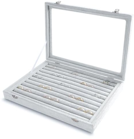 Frebeauty Ring Organizer Tablett mit 10 Fächern, Samt Ringbox Deckel | Samtfutter Für Ringe Und Ohrstecker, Glasdeckel, Staubgeschütztes Design, Zur Schmuckpräsentation, Für Damen Und Mädchen