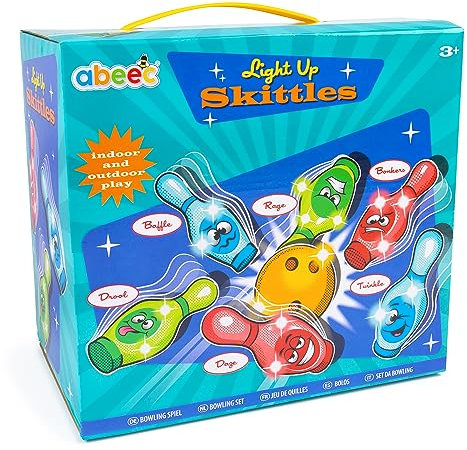 abeec Light Up Skittles - Skittles Bowling Set for Kids 3+ - Skittles Game for Kids with Facial Expressions and LED Flashing Lights Inside Including 1 Ball