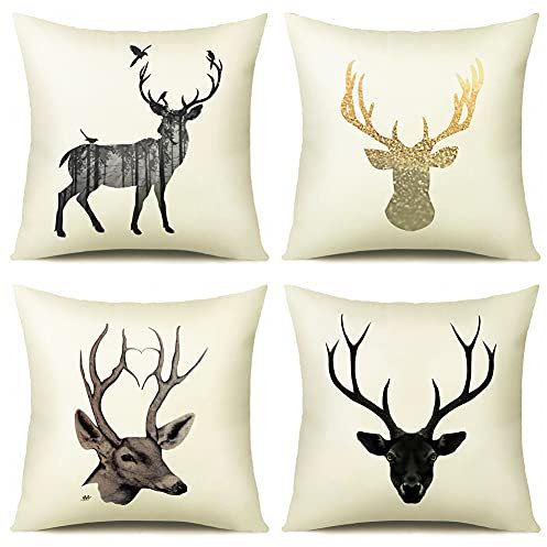 Artscope 4er Set Samt Hirsch Kissenbezug Dekorative Super Weich Kissenhülle mit Elch und Hirsch Muster Dekokissen für Sofa Bett 45x45cm
