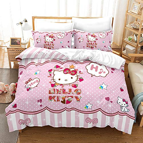 NICHIYOBI Hello Kitty Bettbezug Bettwäsche Set - Bettbezug und Kissenbezug,Mikrofaser,3D Digital Print dreiteiliger Bettwäsche (10,Single 135 * 200cm+80 * 80cm)
