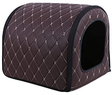 Hundebett, Leder, warmes Haus, gemütlich, tragbar, abnehmbar, waschbar, Hundebett, Höhle mit Dach, extra großes Kissen, faltbar, Größe S: 35 x 30 x 30 cm, Braun
