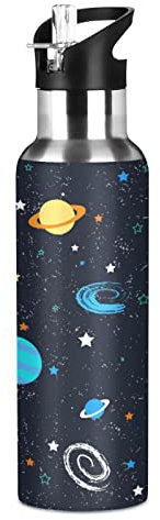 Mnsruu Carino Universo Spaziale Pianeta Borraccia Termica con Cannuccia Sportiva, Bottiglia Acqua in Acciaio Inox Isolato 600ML Senza BPA per Bevande Calde e Fredde per Bambini Scuola