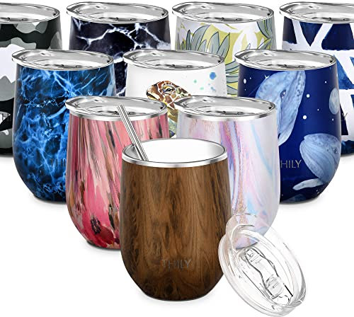 THILY Vacuum Insulated Stemless Wine Tumbler 350 ml Stainless Steel Travel Wine Glass with Lid and Straw, Reusable, BPA Free, Gift Ideas & Presents for Event, Original Woodgrain