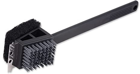 RSVP International Barbeque Grilling Collection Grill Cleaning Tool, 3-in-1 Brush/Scraper, 15-Inch, Black
