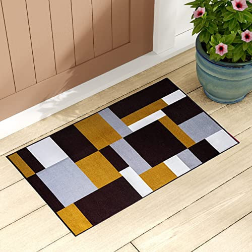 OZMIC Door Mat Indoor - Brown Beige 50 X 80 cm Low Pile Washable Heavy Duty Door Runner Large Barrier Mats - Geometric Pattern Patio Door Mat Entrance Rugs