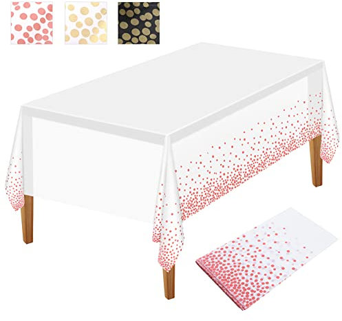 NEBURORA 1 Packung weiße und roségoldene Party Tischdecke Kunststoff Tischdecke 137 x 274 cm goldene Punkte Konfetti Einweg Tischdecke rechteckige Party Tischdecke für Picknick Geburtstag
