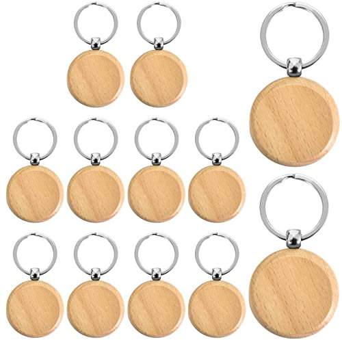 Colexy 12 Stück Buche Holz Schlüsselanhänger DIY Blanko zum Bemalen Basteln, Schlüsselring für Damen Männer Holzanhänger Hängende Dekoration für Handtasche Geldbörse Mobile (Runde)