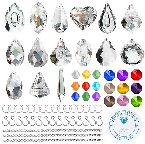 UMILKI Kristall Sonnenfänger,15Pcs Kristalle Deko Anhänger,DIY Sonnenfänger Fenster Deko,Suncatcher Kristall Set mit Perlen Kette,Feng Shui Sonnenfänger für Fenster, Garten
