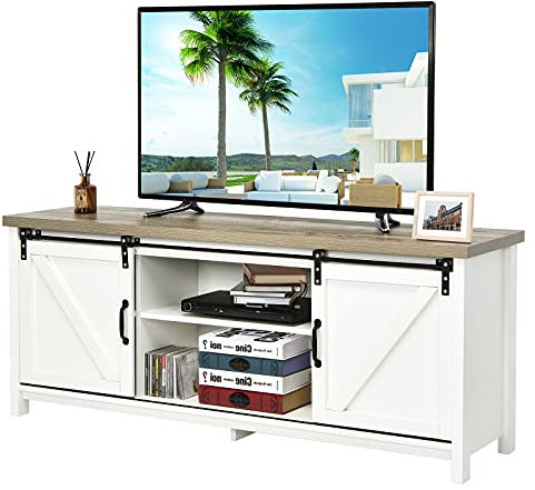 COSTWAY Farmhouse TV Stand for TVs up to 60 Inches, Wooden TV Cabinet Media Entertainment Center with Sliding Barn Door and Storage Shelves, TV Console Table for Living Room Bedroom (White)