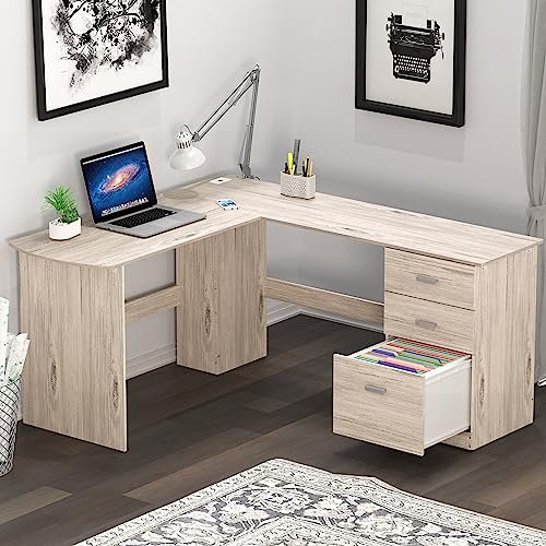 SHW L-förmiger Eckschreibtisch aus Holz für Heimbüro, mit Boxbox, Aktenschubladen, Ahorn, 130 x 150 cm
