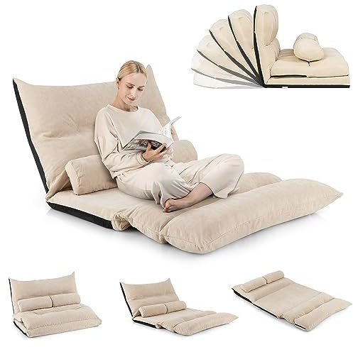 RELAX4LIFE Chauffeuse 2 Personnes Pliable en Velours Glacé Dossier Réglable de 90 ° à 180 ° avec 2 Oreillers, Fauteuil Couvertible Cadre Métallique Charge Max 150 KG (Modèle 4, Beige)