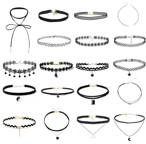 19 Stück Choker Kette Damen, Halsband Damen Schmuck Choker Halsketten Samt Gothic Tattoo Spitze Choker Halsband Damen Choker Schwarz, für Frauen und Teenager-Mädchen