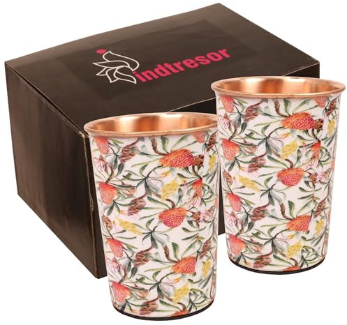 INDTRESOR Verres à eau en cuivre pur - Fabriqués à la main - Imprimé pétales de fraises - Bienfaits ayurvédiques pour la santé - Facile à transporter pour le sport, le fitness, le yoga, l'école -