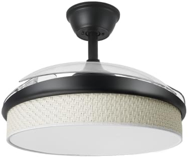 Abrila - Ventilador DC MODA | Color Negro con tres Aspas Desplegables ABS y Difusor Surco Gris | 6 Velocidades Ajustables | 3 Temperaturas de Luz | con Temporizador y Mando a Distancia Incluido
