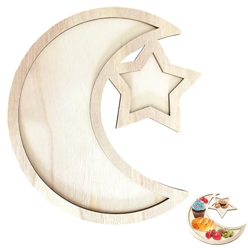 Plateau en Bois Eid Mubarak, 30x35CM Vaisselle Ramadan, Ramadan Mubarak Plateaux, Ramadan Décoration Table, Plateaux de Service, Étoile Lune Vaisselle de Service pour Musulmane Eid Mubarak Decoration